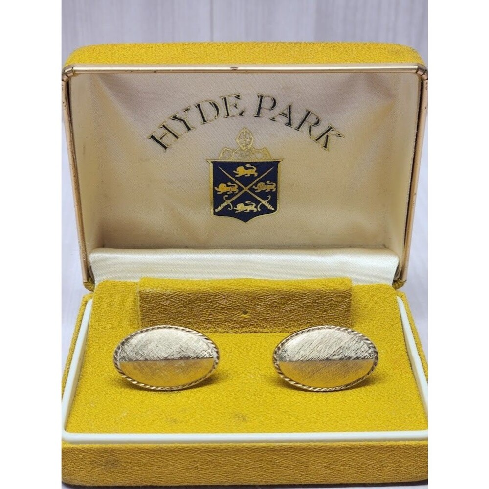 Hyde Park Vintage Men’s Cufflinks Gold Tone Oval Rope Border in Box